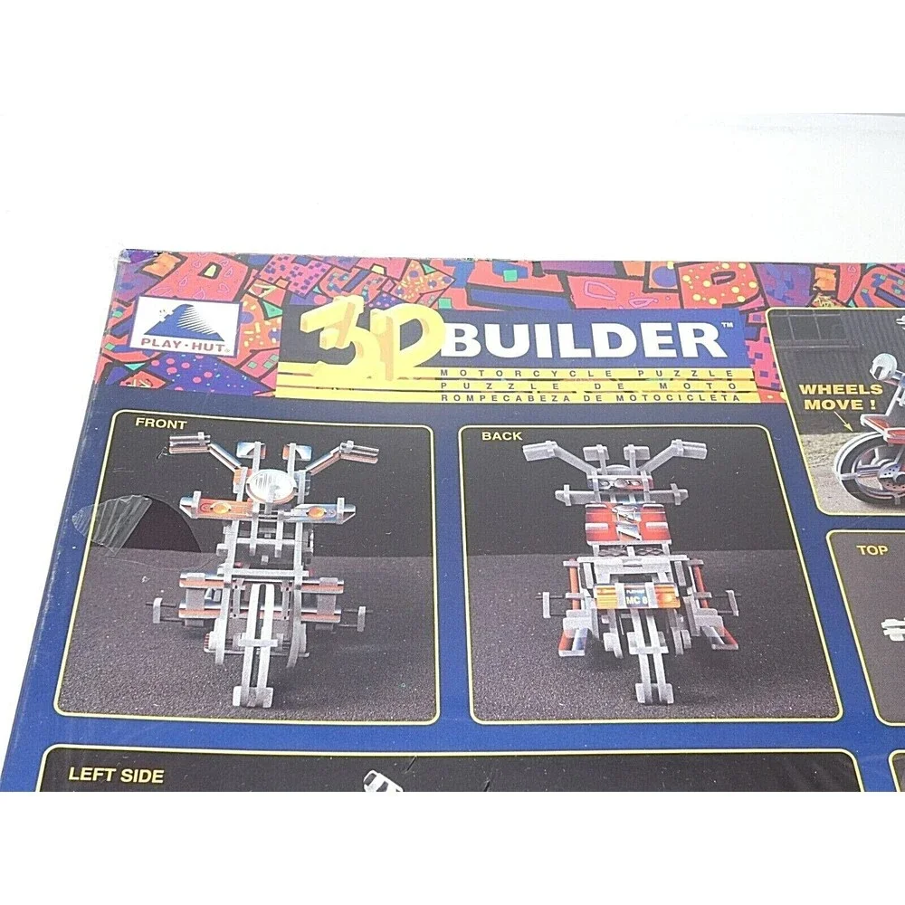 Play Hut 3:D Builder Motorcycle Puzzle Toy Wheels Move 117 Pcs Vintage 1996 New